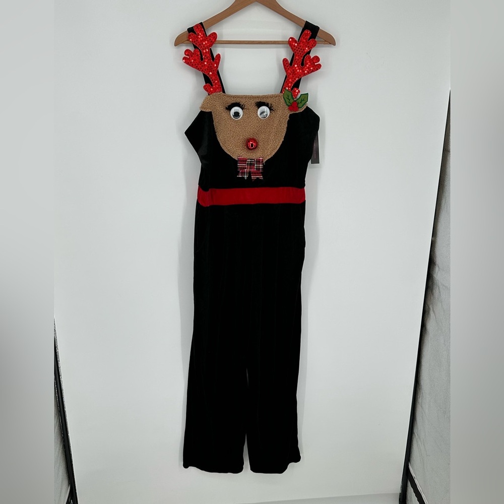 NWT Girls Velvet Reindeer Christmas Jumpsuit Sz L Black Jingle Bell Holiday K3